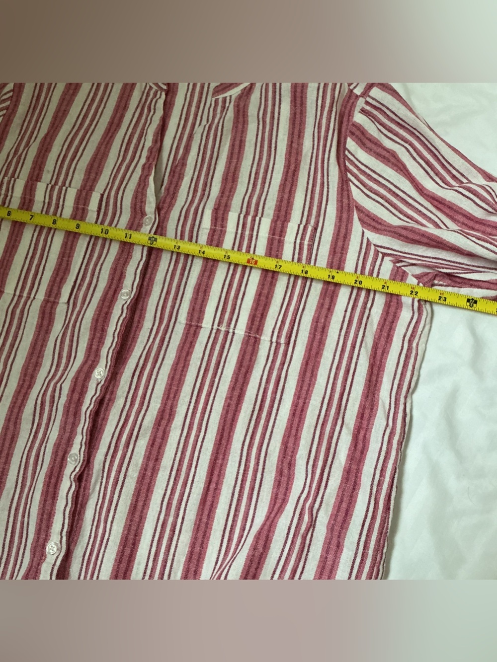 Nine West Pink and White Linen blend Striped Button-Down V-Neck Shirt - Picture 7 of 7